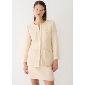 NWT J Crew Women's Size 4 Ivory Long Lady‎ jacket Wool Blend Tweed Boucle BM556